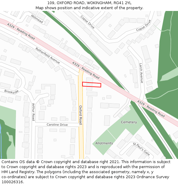 109, OXFORD ROAD, WOKINGHAM, RG41 2YL: Location map and indicative extent of plot