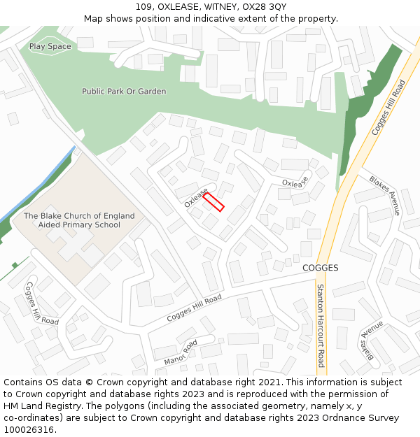 109, OXLEASE, WITNEY, OX28 3QY: Location map and indicative extent of plot