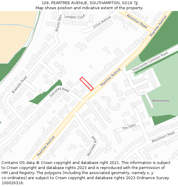 109, PEARTREE AVENUE, SOUTHAMPTON, SO19 7JJ: Location map and indicative extent of plot