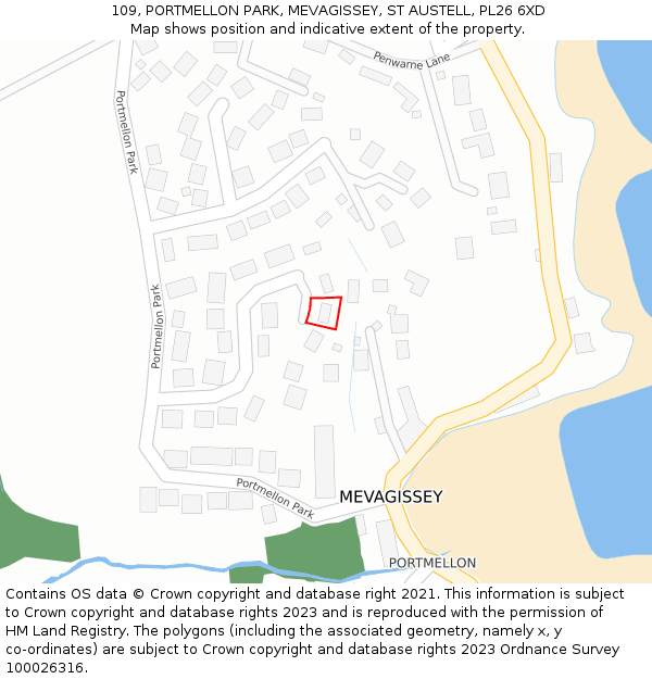 109, PORTMELLON PARK, MEVAGISSEY, ST AUSTELL, PL26 6XD: Location map and indicative extent of plot