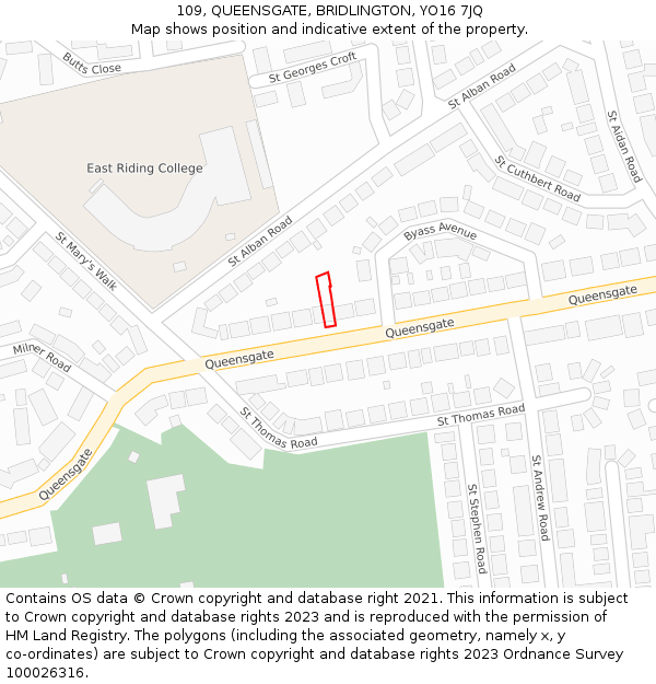 109, QUEENSGATE, BRIDLINGTON, YO16 7JQ: Location map and indicative extent of plot