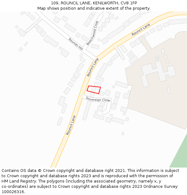109, ROUNCIL LANE, KENILWORTH, CV8 1FP: Location map and indicative extent of plot