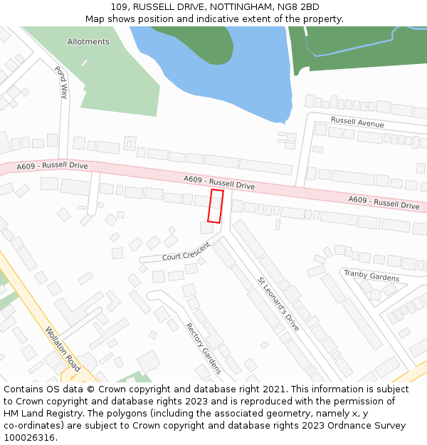 109, RUSSELL DRIVE, NOTTINGHAM, NG8 2BD: Location map and indicative extent of plot