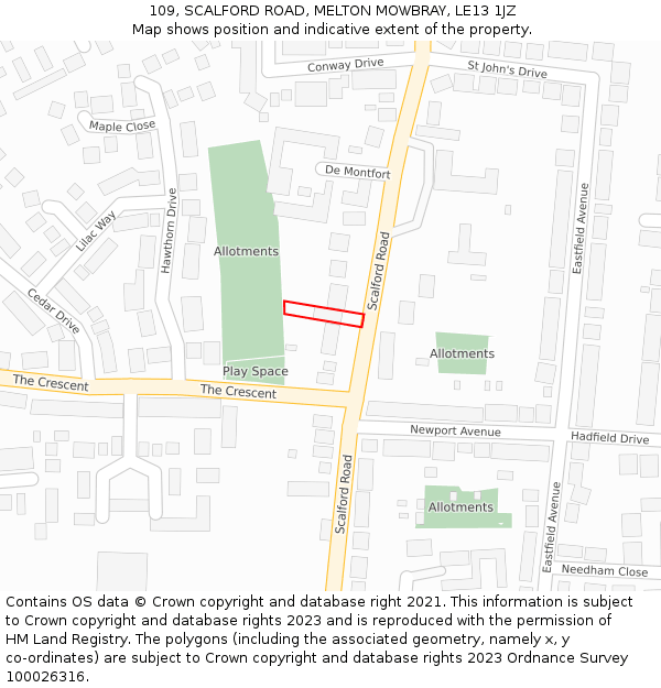 109, SCALFORD ROAD, MELTON MOWBRAY, LE13 1JZ: Location map and indicative extent of plot