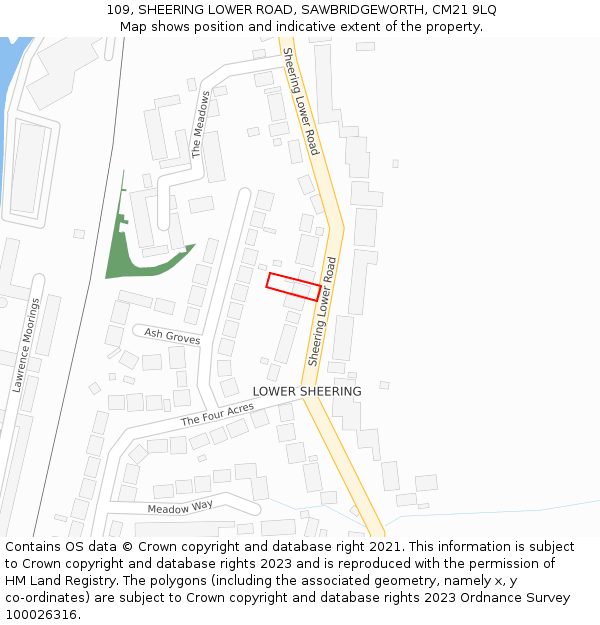 109, SHEERING LOWER ROAD, SAWBRIDGEWORTH, CM21 9LQ: Location map and indicative extent of plot