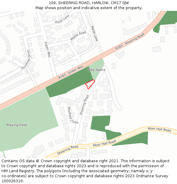 109, SHEERING ROAD, HARLOW, CM17 0JW: Location map and indicative extent of plot