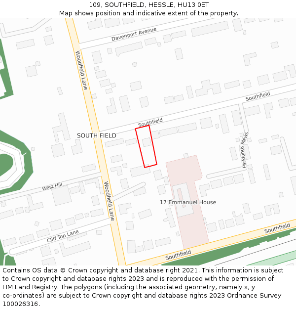 109, SOUTHFIELD, HESSLE, HU13 0ET: Location map and indicative extent of plot