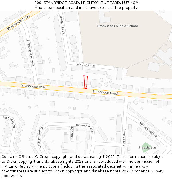109, STANBRIDGE ROAD, LEIGHTON BUZZARD, LU7 4QA: Location map and indicative extent of plot