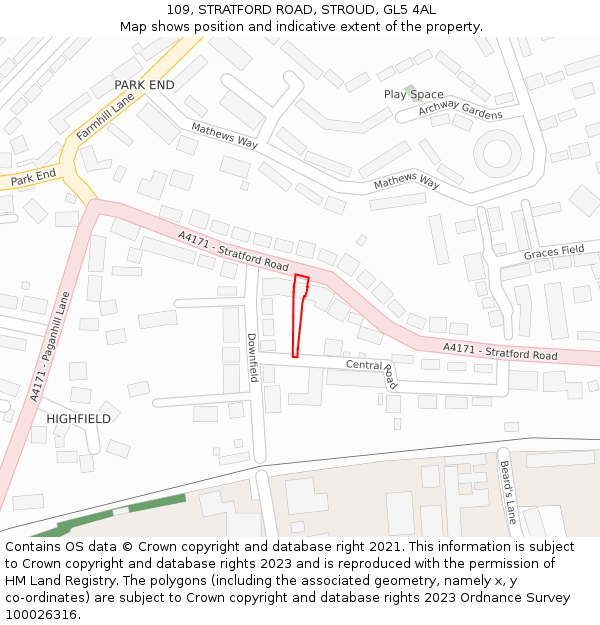 109, STRATFORD ROAD, STROUD, GL5 4AL: Location map and indicative extent of plot