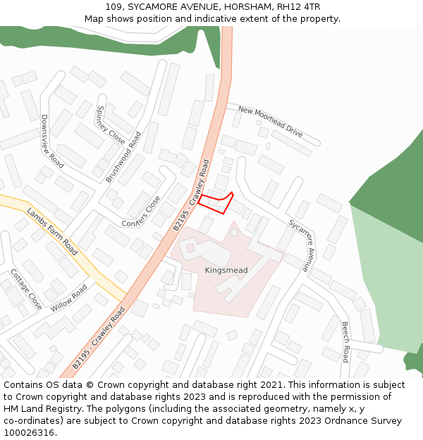 109, SYCAMORE AVENUE, HORSHAM, RH12 4TR: Location map and indicative extent of plot