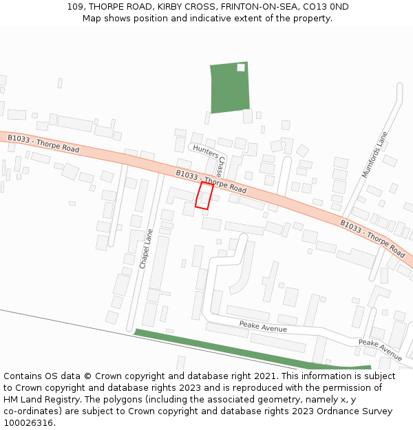 109, THORPE ROAD, KIRBY CROSS, FRINTON-ON-SEA, CO13 0ND: Location map and indicative extent of plot
