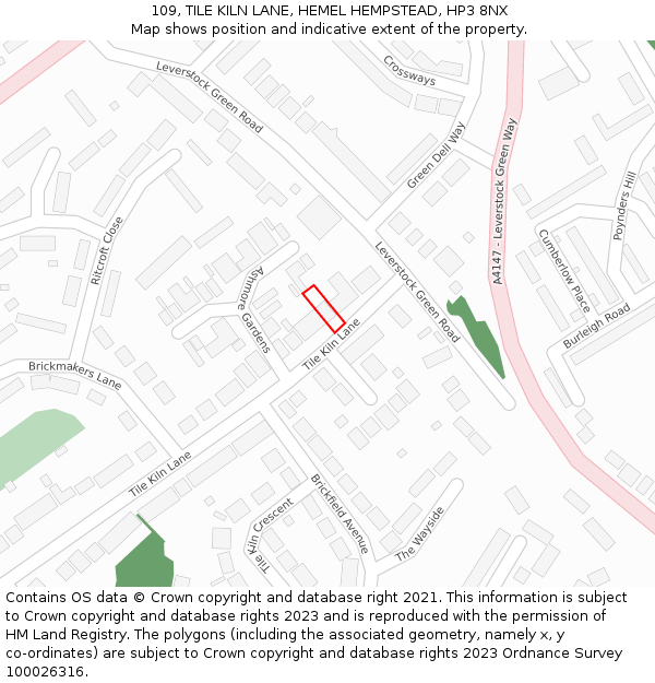 109, TILE KILN LANE, HEMEL HEMPSTEAD, HP3 8NX: Location map and indicative extent of plot