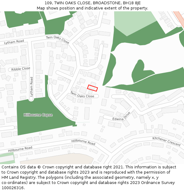 109, TWIN OAKS CLOSE, BROADSTONE, BH18 8JE: Location map and indicative extent of plot