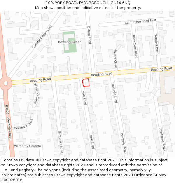 109, YORK ROAD, FARNBOROUGH, GU14 6NQ: Location map and indicative extent of plot