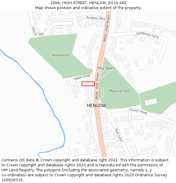 109A, HIGH STREET, HENLOW, SG16 6AE: Location map and indicative extent of plot