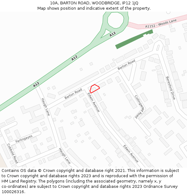 10A, BARTON ROAD, WOODBRIDGE, IP12 1JQ: Location map and indicative extent of plot