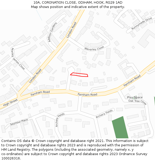 10A, CORONATION CLOSE, ODIHAM, HOOK, RG29 1AD: Location map and indicative extent of plot