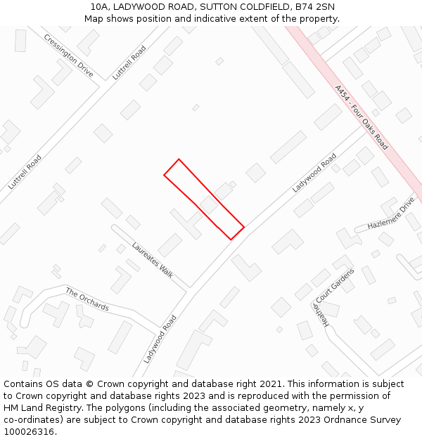 10A, LADYWOOD ROAD, SUTTON COLDFIELD, B74 2SN: Location map and indicative extent of plot