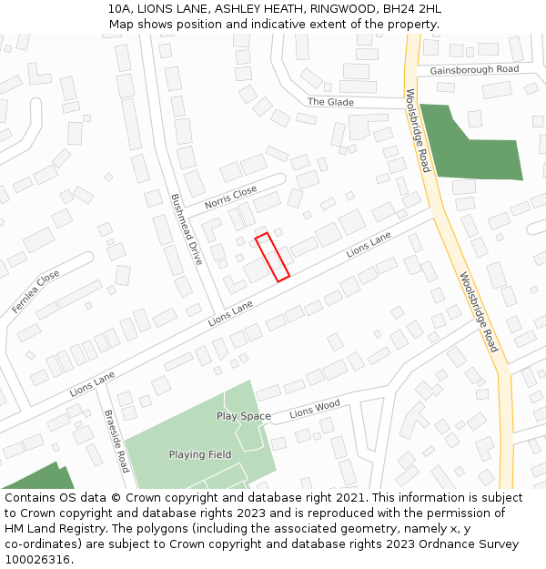 10A, LIONS LANE, ASHLEY HEATH, RINGWOOD, BH24 2HL: Location map and indicative extent of plot