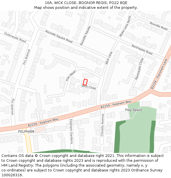 10A, WICK CLOSE, BOGNOR REGIS, PO22 8QE: Location map and indicative extent of plot