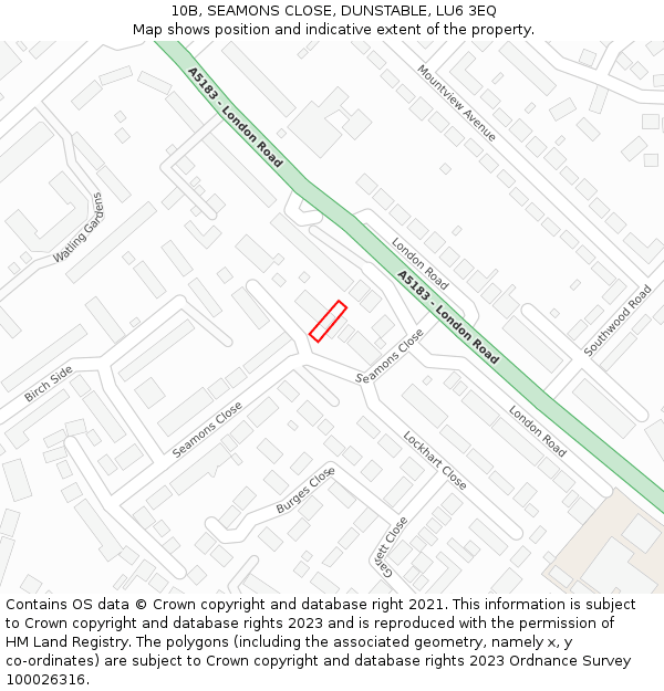 10B, SEAMONS CLOSE, DUNSTABLE, LU6 3EQ: Location map and indicative extent of plot