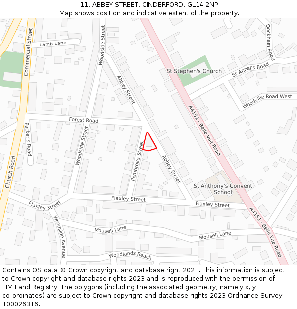 11, ABBEY STREET, CINDERFORD, GL14 2NP: Location map and indicative extent of plot