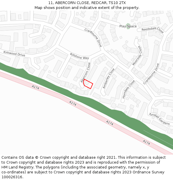 11, ABERCORN CLOSE, REDCAR, TS10 2TX: Location map and indicative extent of plot