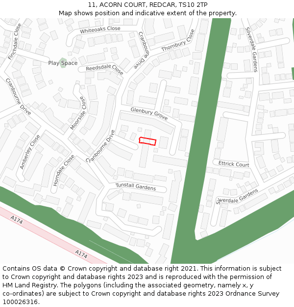 11, ACORN COURT, REDCAR, TS10 2TP: Location map and indicative extent of plot