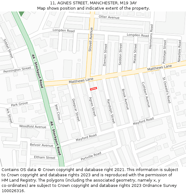 11, AGNES STREET, MANCHESTER, M19 3AY: Location map and indicative extent of plot