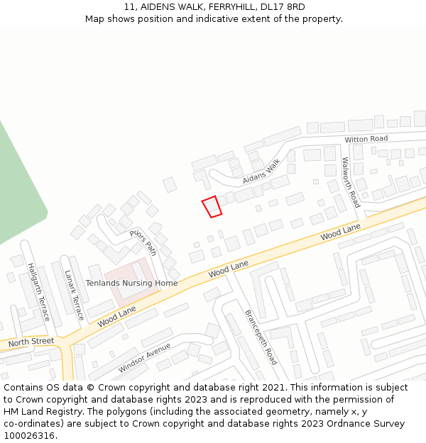 11, AIDENS WALK, FERRYHILL, DL17 8RD: Location map and indicative extent of plot
