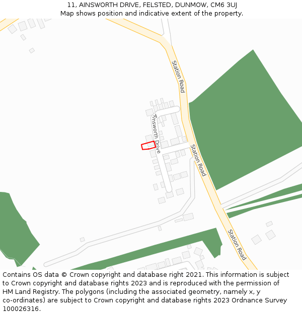 11, AINSWORTH DRIVE, FELSTED, DUNMOW, CM6 3UJ: Location map and indicative extent of plot
