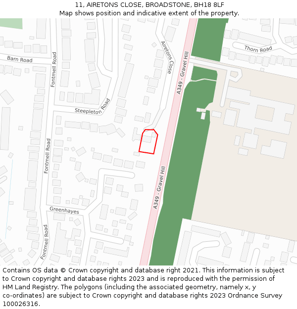 11, AIRETONS CLOSE, BROADSTONE, BH18 8LF: Location map and indicative extent of plot