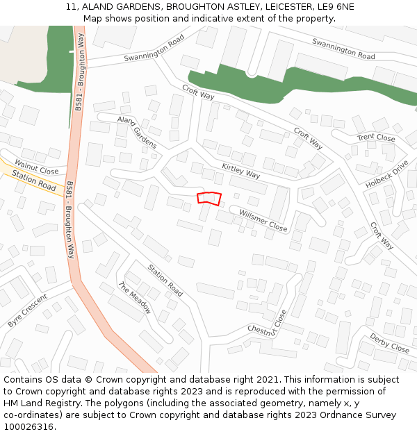 11, ALAND GARDENS, BROUGHTON ASTLEY, LEICESTER, LE9 6NE: Location map and indicative extent of plot