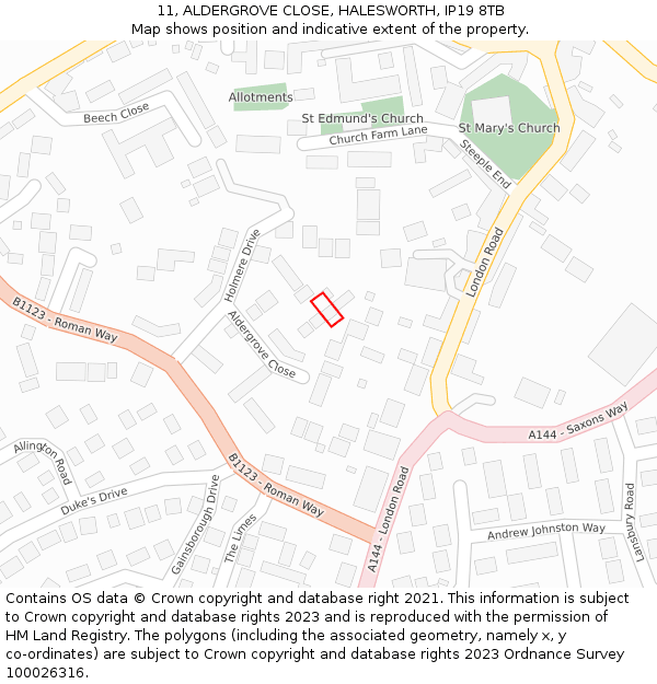 11, ALDERGROVE CLOSE, HALESWORTH, IP19 8TB: Location map and indicative extent of plot