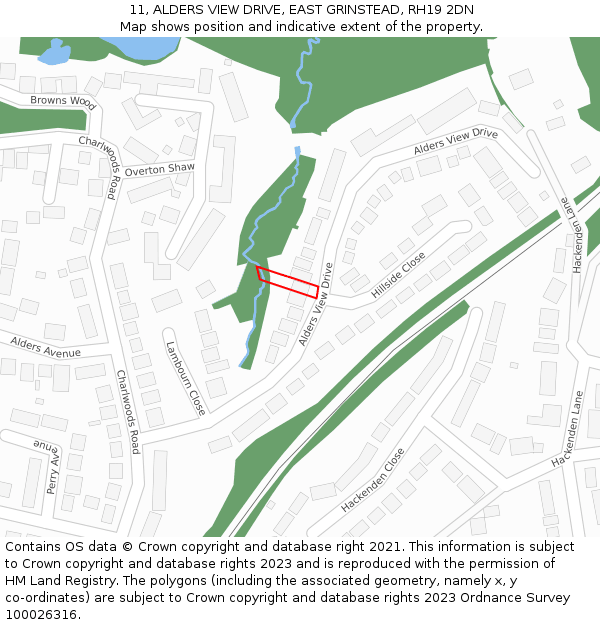 11, ALDERS VIEW DRIVE, EAST GRINSTEAD, RH19 2DN: Location map and indicative extent of plot