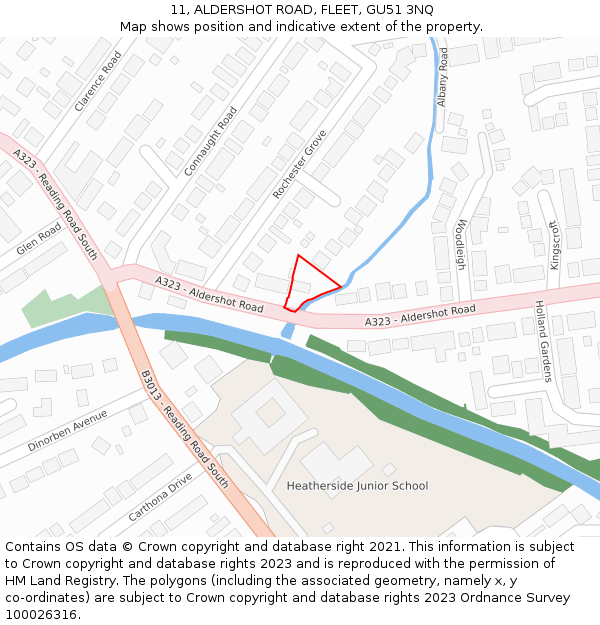 11, ALDERSHOT ROAD, FLEET, GU51 3NQ: Location map and indicative extent of plot