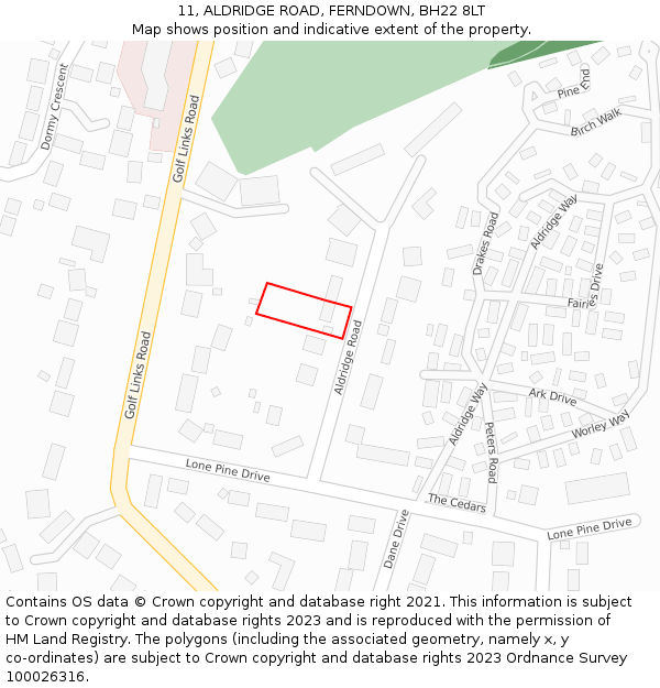 11, ALDRIDGE ROAD, FERNDOWN, BH22 8LT: Location map and indicative extent of plot