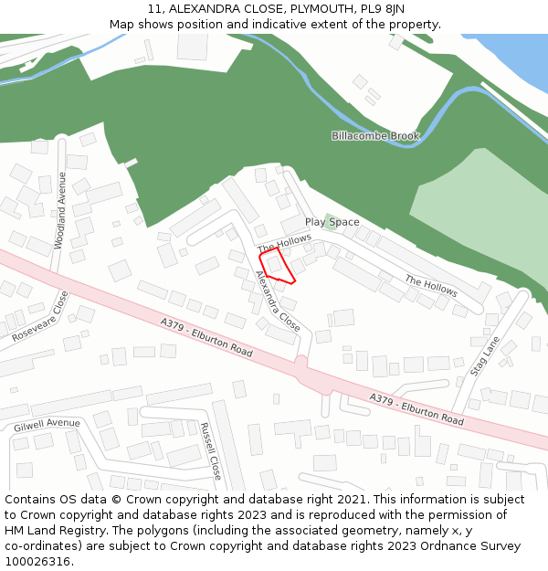 11, ALEXANDRA CLOSE, PLYMOUTH, PL9 8JN: Location map and indicative extent of plot