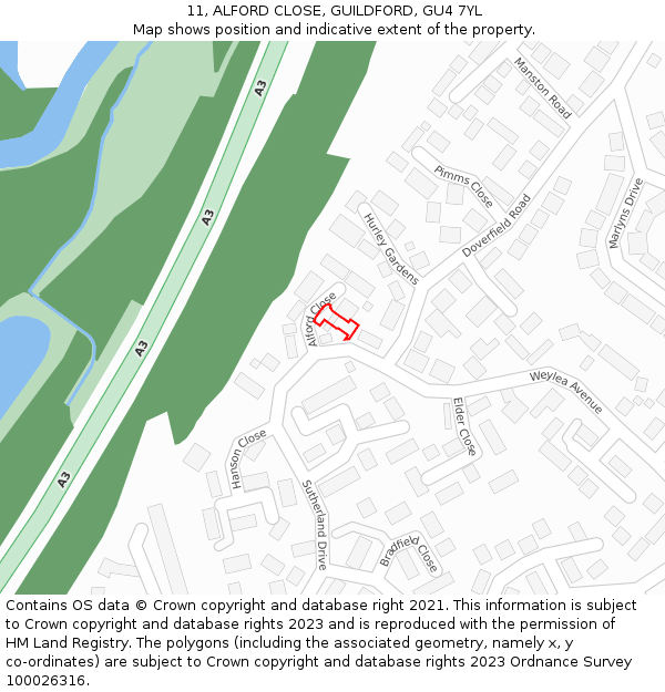 11, ALFORD CLOSE, GUILDFORD, GU4 7YL: Location map and indicative extent of plot