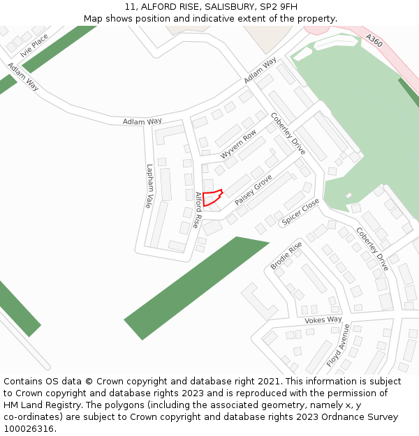 11, ALFORD RISE, SALISBURY, SP2 9FH: Location map and indicative extent of plot