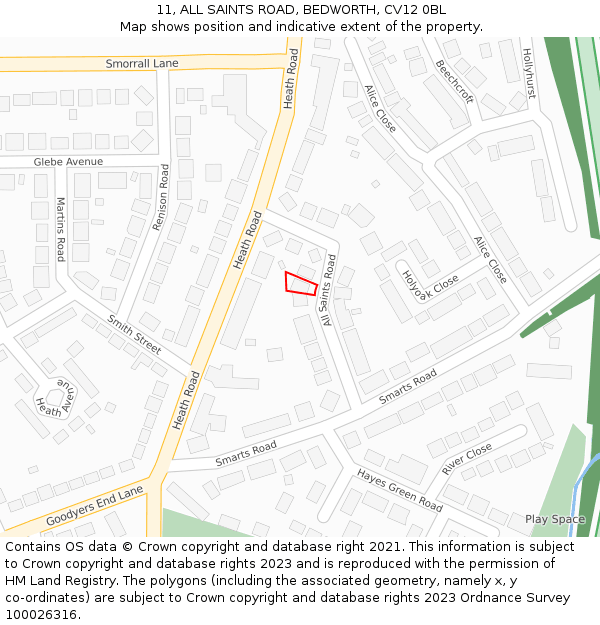 11, ALL SAINTS ROAD, BEDWORTH, CV12 0BL: Location map and indicative extent of plot