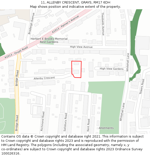 11, ALLENBY CRESCENT, GRAYS, RM17 6DH: Location map and indicative extent of plot