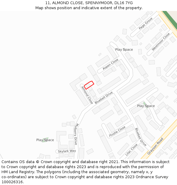 11, ALMOND CLOSE, SPENNYMOOR, DL16 7YG: Location map and indicative extent of plot