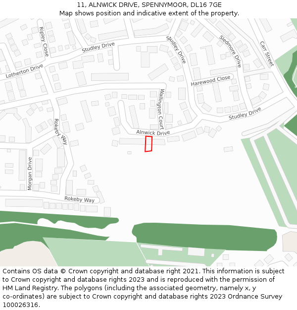 11, ALNWICK DRIVE, SPENNYMOOR, DL16 7GE: Location map and indicative extent of plot