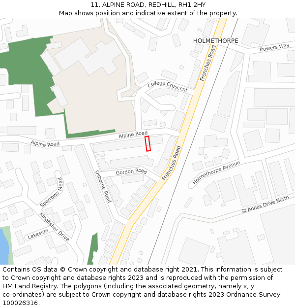 11, ALPINE ROAD, REDHILL, RH1 2HY: Location map and indicative extent of plot