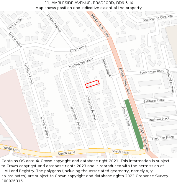 11, AMBLESIDE AVENUE, BRADFORD, BD9 5HX: Location map and indicative extent of plot