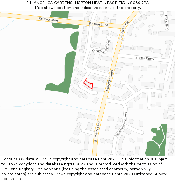 11, ANGELICA GARDENS, HORTON HEATH, EASTLEIGH, SO50 7PA: Location map and indicative extent of plot