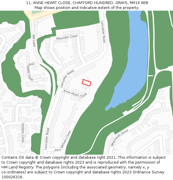 11, ANNE HEART CLOSE, CHAFFORD HUNDRED, GRAYS, RM16 6EB: Location map and indicative extent of plot