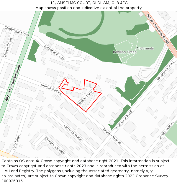 11, ANSELMS COURT, OLDHAM, OL8 4EG: Location map and indicative extent of plot