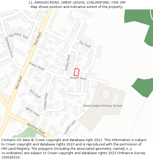 11, ARAGON ROAD, GREAT LEIGHS, CHELMSFORD, CM3 1RP: Location map and indicative extent of plot